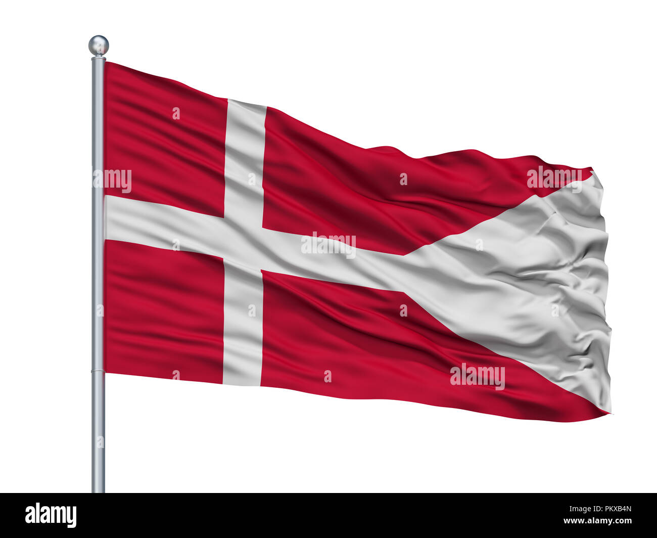 Dinamarca Naval Ensign bandera en un mástil, aislado sobre fondo blanco, 3D Rendering Foto de stock