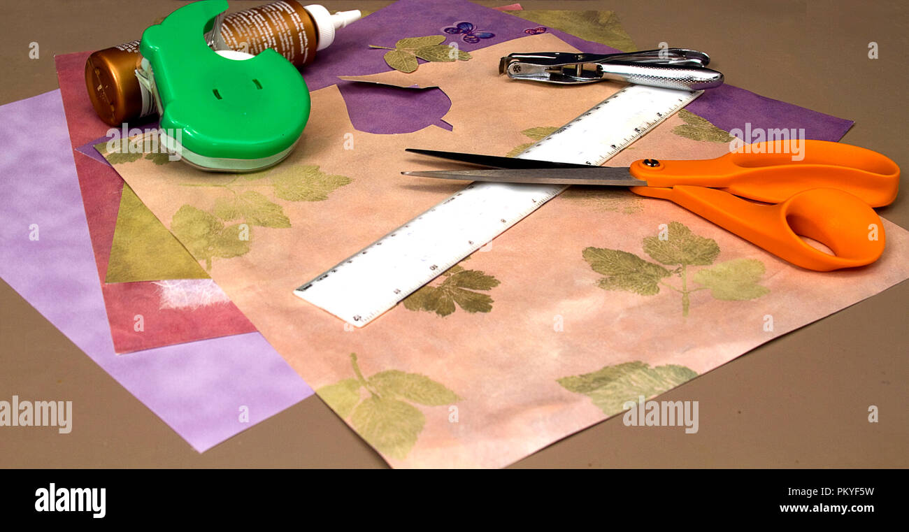 Suministros de artesanía para scrapbooking incluida la regla, tijeras,  cinta adhesiva, pegamento, papel y más Fotografía de stock - Alamy