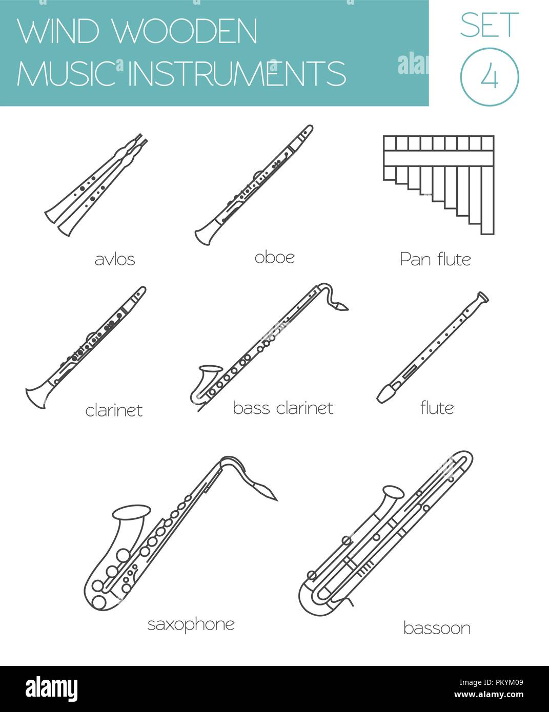 Instrumentos musicales plantilla gráfica. Viento madera. Ilustración  vectorial Imagen Vector de stock - Alamy