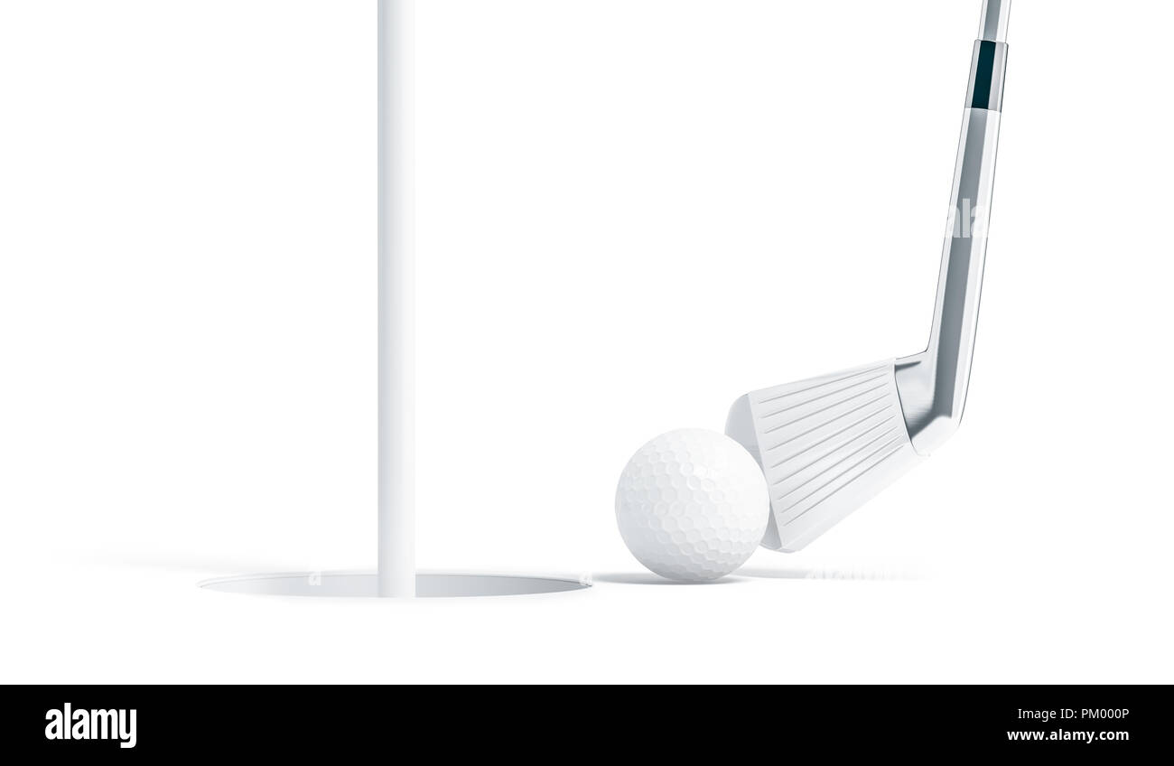 Pelota de golf blanco cerca del agujero con bastón boceto, 3D rendering.  Vacíe el deporte bal junto a alvéolo de maquetas, aislado. Equipo de golf,  plantilla. Roll up esfera de plástico con