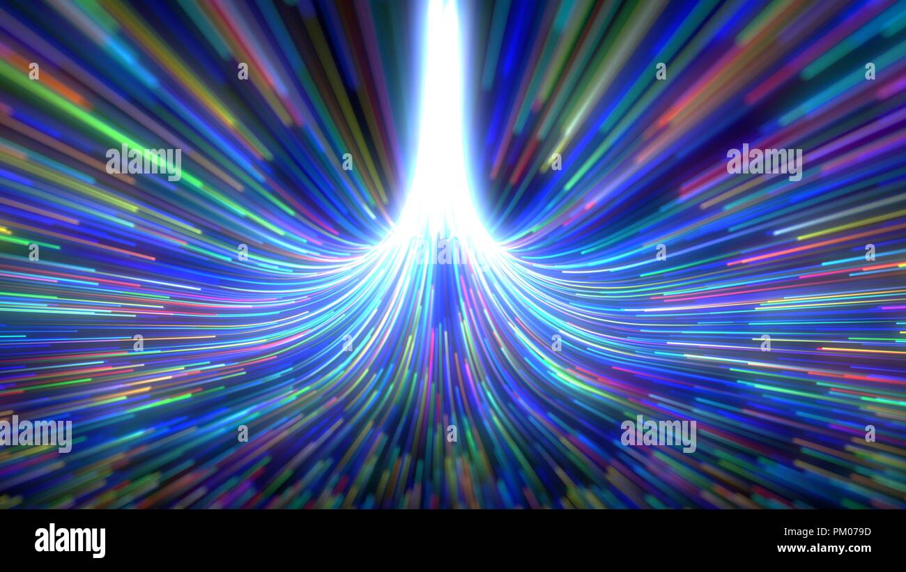 Enjambre de partículas que fluyen con brillantes estelas. Ilustración 3d. Foto de stock