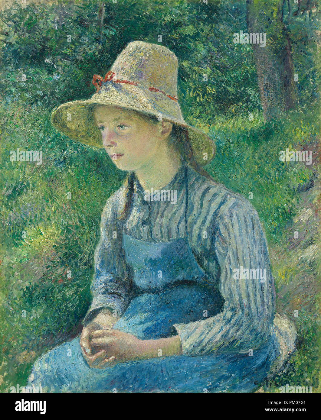 Joven campesina con un sombrero de paja. Fecha: 1881. Dimensiones: total: 73.34 × 59.53 cm (28 7/8 x 23 7/16 in.), enmarcado: 90.17 x 75.88 x 6.99 cm (35 1/2 x 29 7/8 x 2 3/4 in.). Medio: Óleo sobre lienzo. Museo: La Galería Nacional de Arte, Washington DC. Autor: Camille Pissarro. Foto de stock
