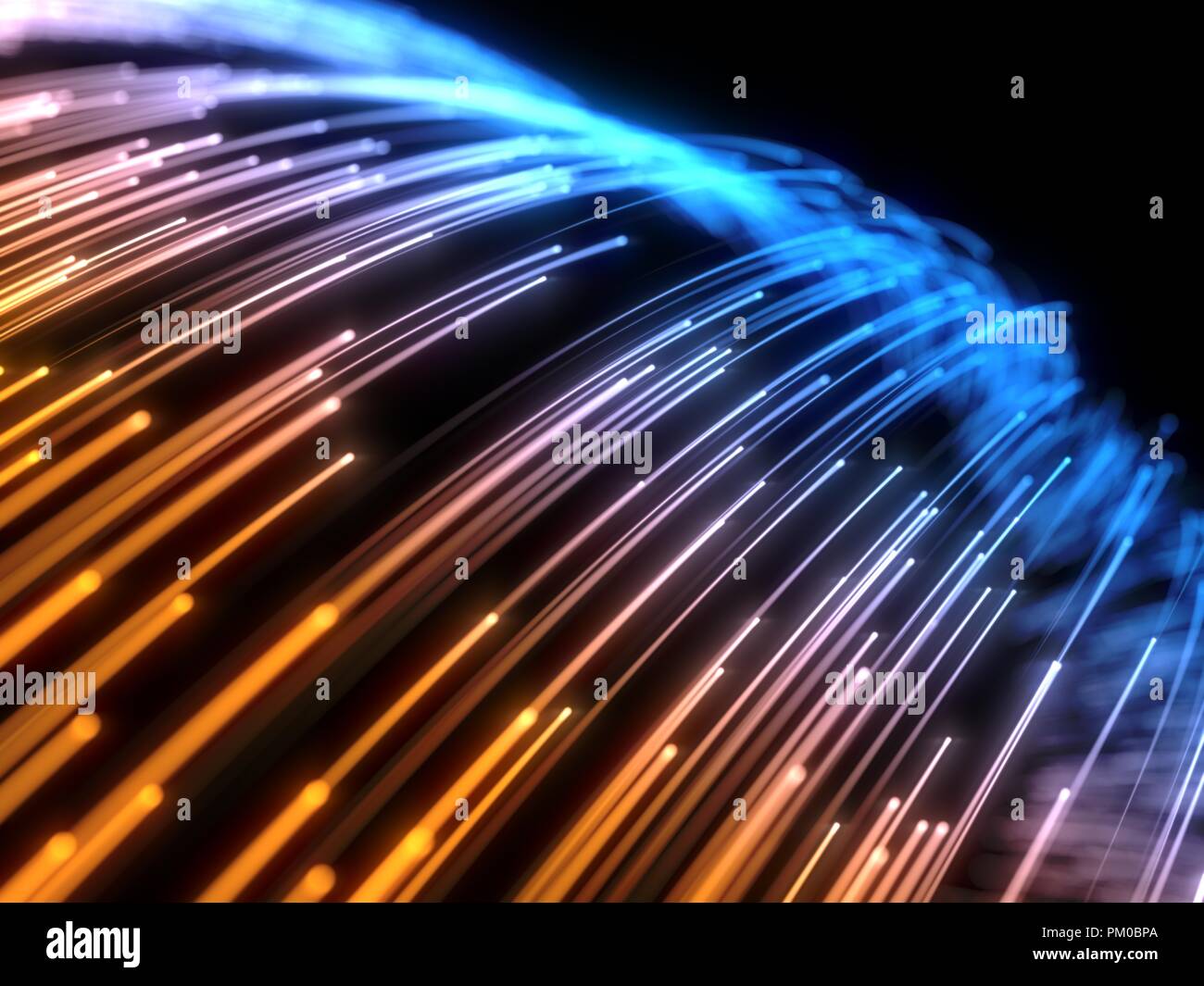 Enjambre de partículas que fluyen con brillantes estelas. Ilustración 3d. Foto de stock