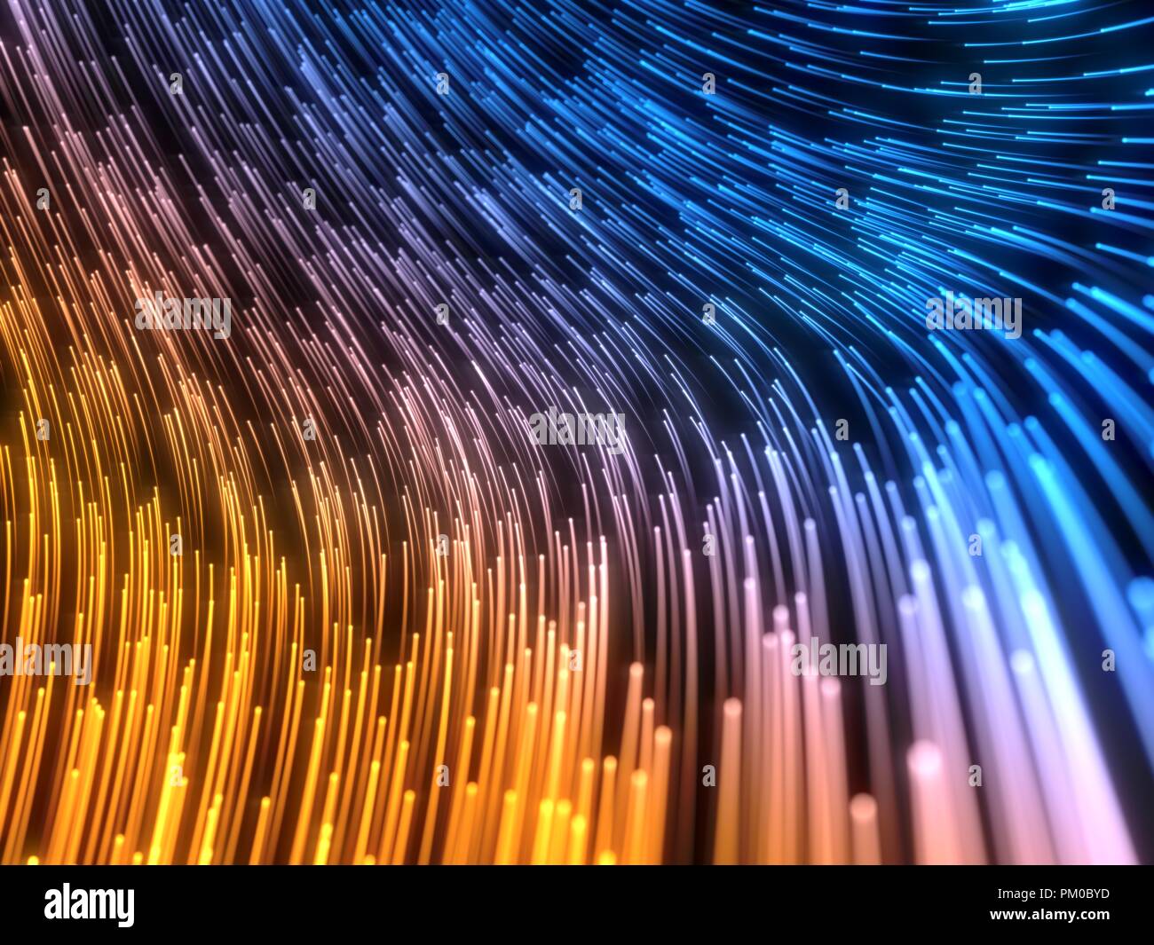 Enjambre de partículas que fluyen con brillantes estelas. Ilustración 3d. Foto de stock