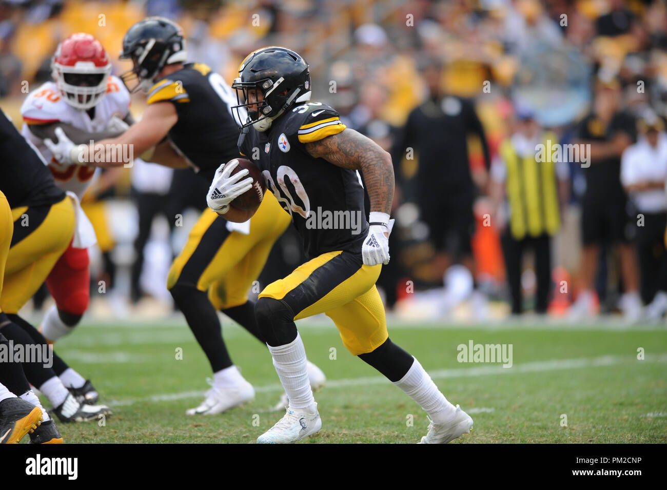 Pittsburgh, PA, USA. 16th Sep, 2018. Steelers #19 JuJu Smith-Schuster and  Kareem Hunt #27 during the Pittsburgh Steelers vs Kansas City Chiefs game  at Heinz Field in Pittsburgh, PA. Jason Pohuski/CSM/Alamy Live