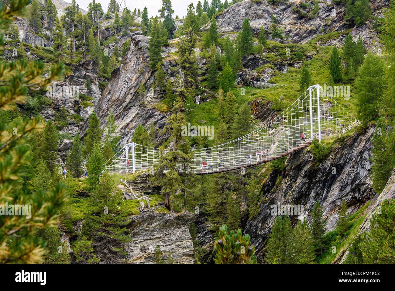 Moderno puente construido sobre el cañón, Martelltal Plima en Tirol del Sur Foto de stock