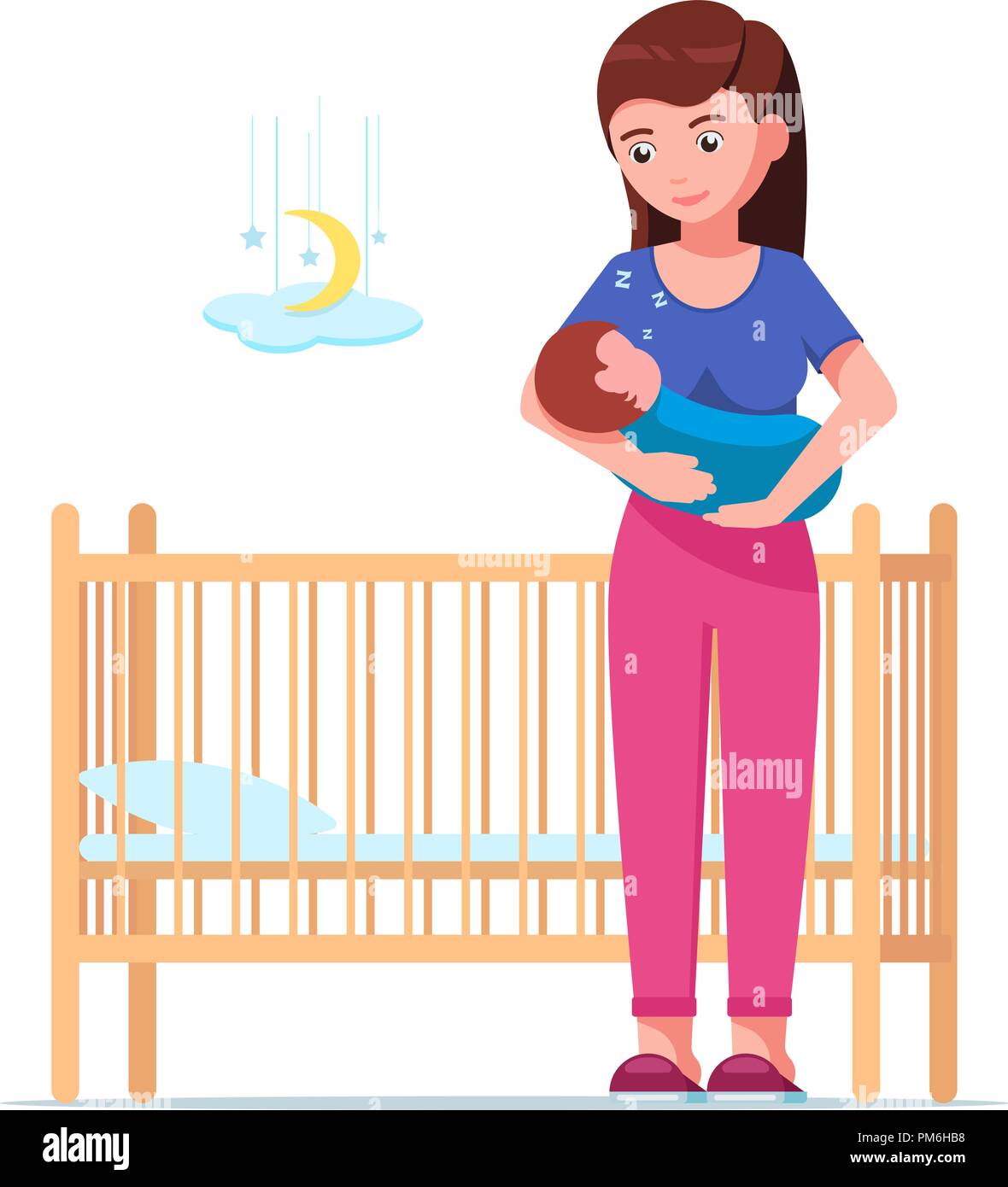 Mujer Sosteniendo Un Bebe Durmiendo Junto A Una Cuna Imagen Vector De Stock Alamy