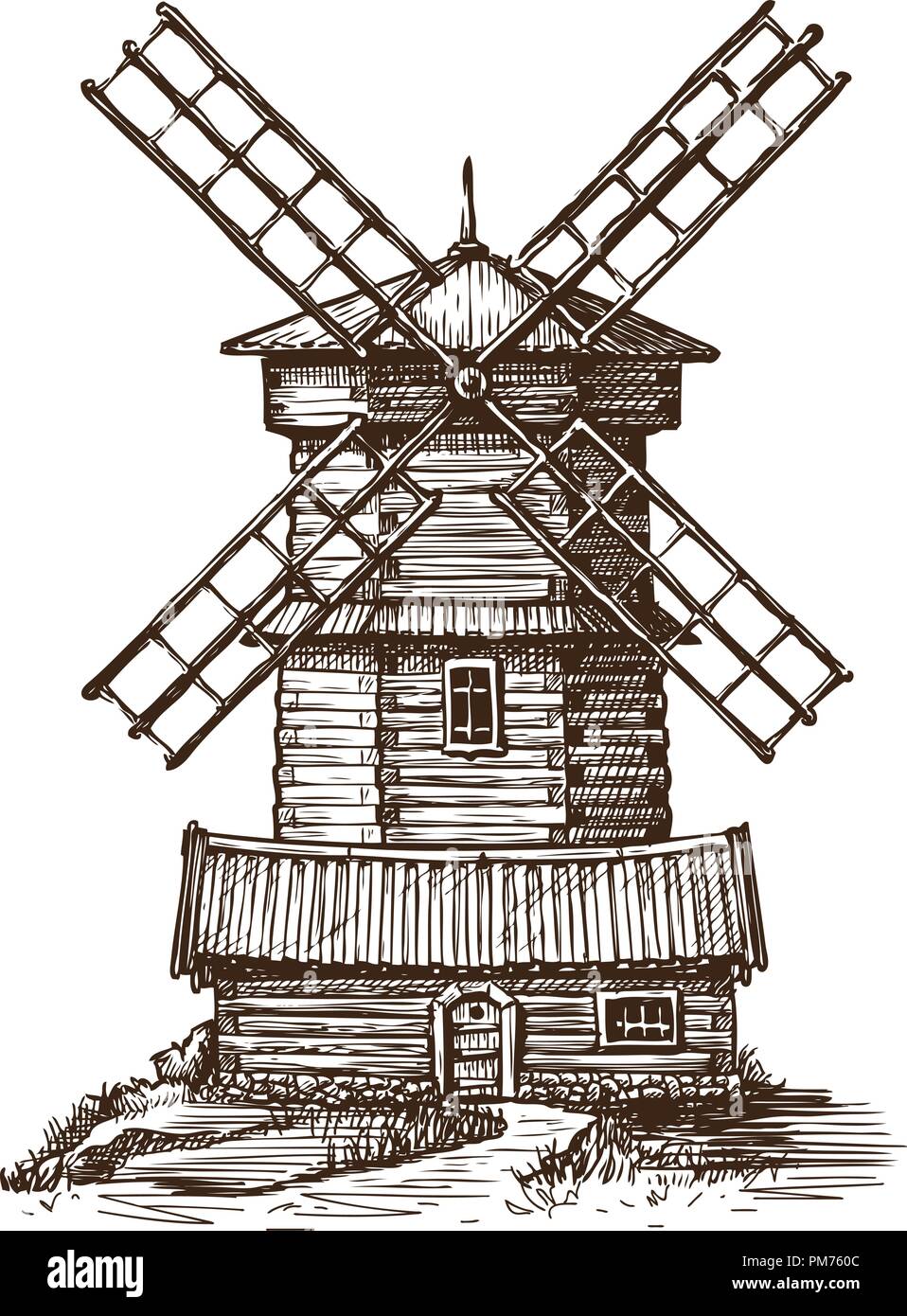 El molino de viento de madera, antiguo molino de boceto. Vintage ilustración vectorial Ilustración del Vector
