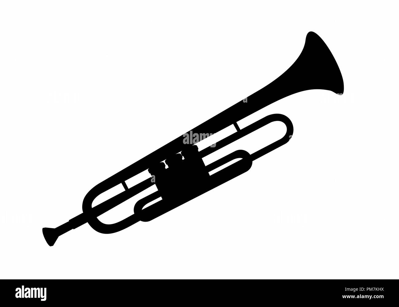 Una silueta oscura de una trompeta aislado sobre fondo blanco. Ilustración del Vector