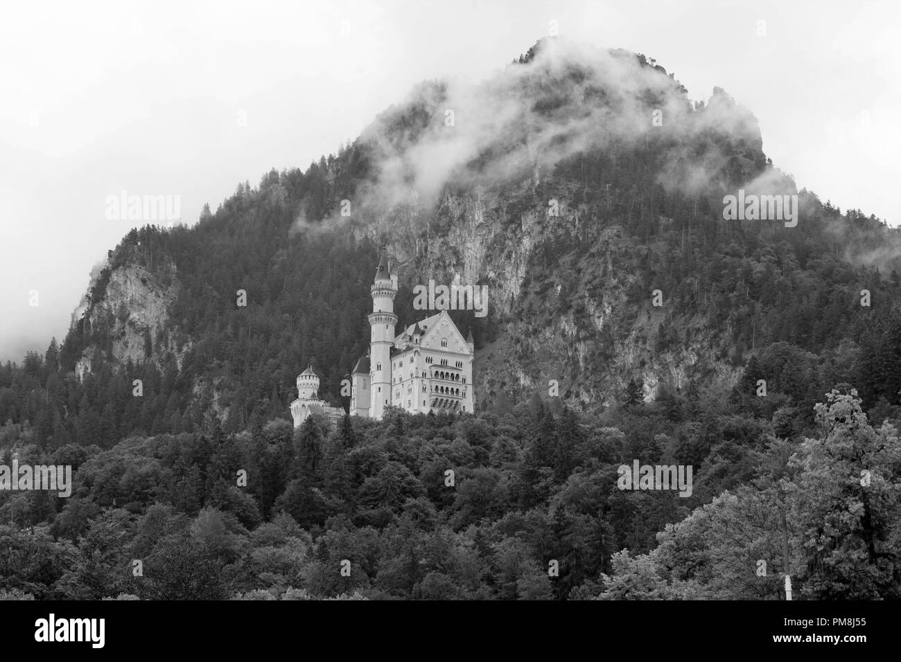 El castillo de Neuschwanstein en blanco y negro Foto de stock