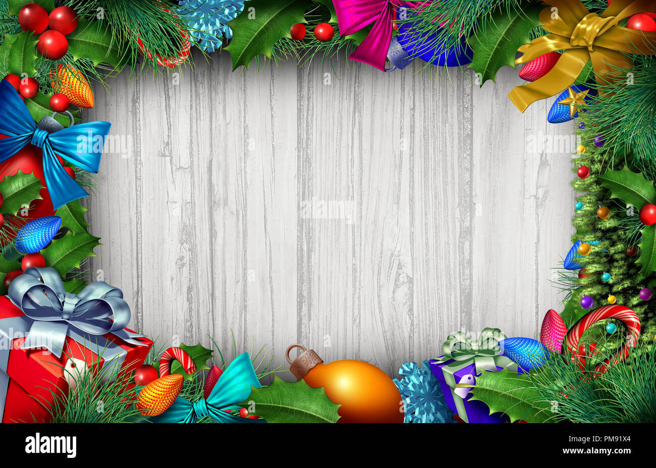Navidad de fondo de madera y decoración de vacaciones de invierno con copia espacio 3D Área de texto con elementos de ilustración. Foto de stock