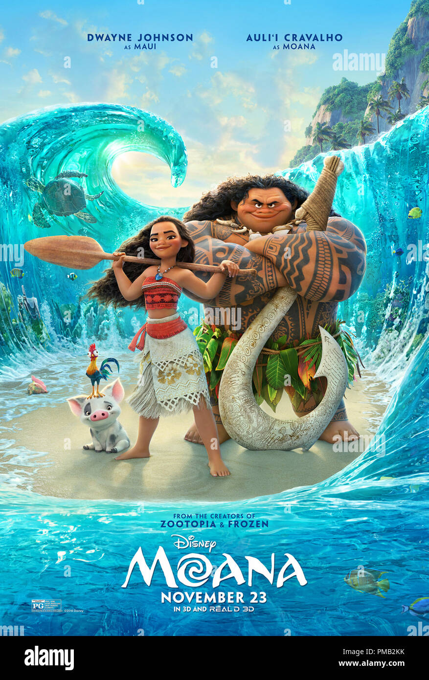 Maui (voz de Dwayne Johnson) y Moana (voz de Auli'i) 'MCravalho oana' (2016) Disney Poster Foto de stock