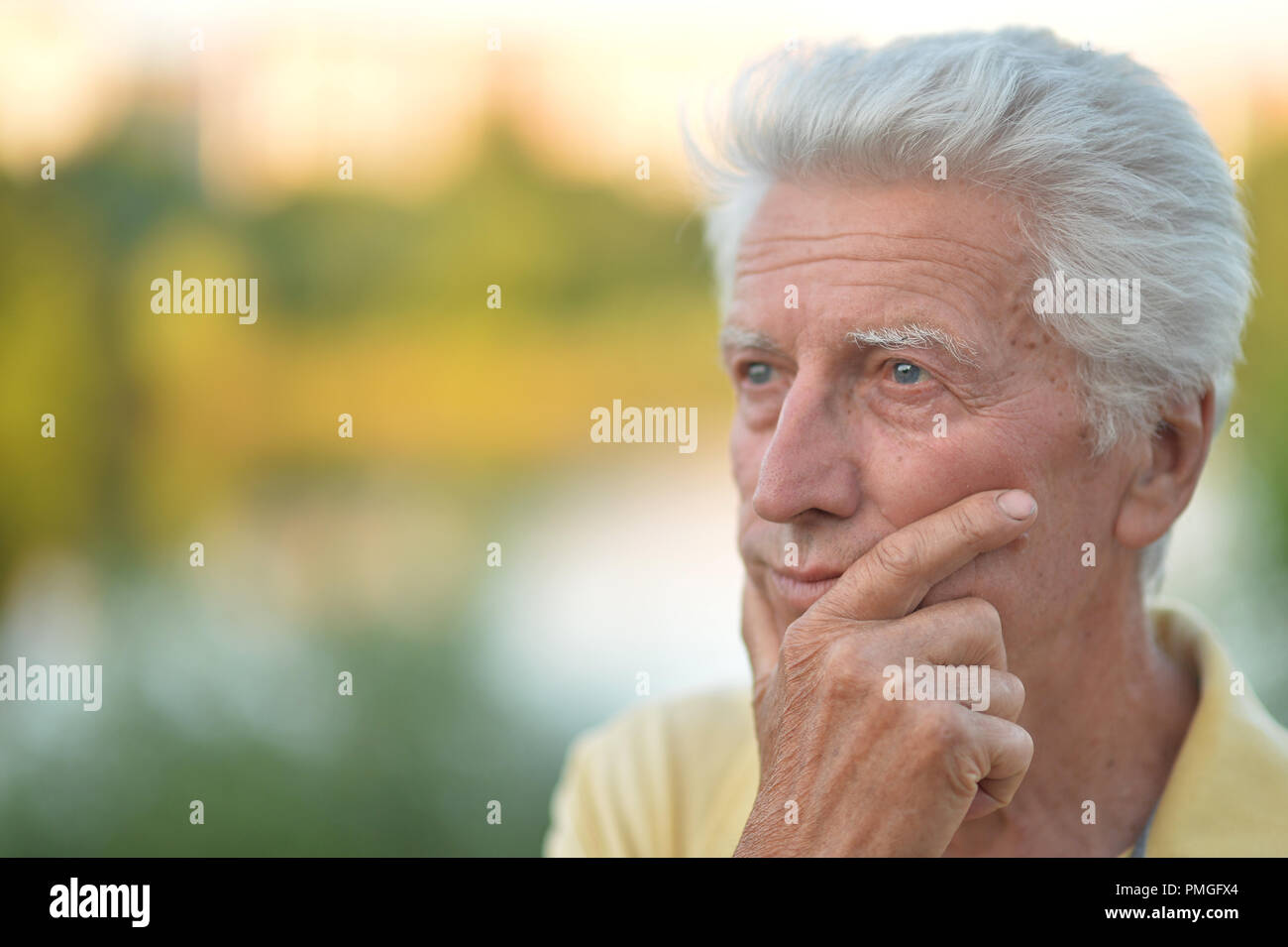 Retrato del hombre senior pensativa con la mano en el mentón en estacionamiento Foto de stock