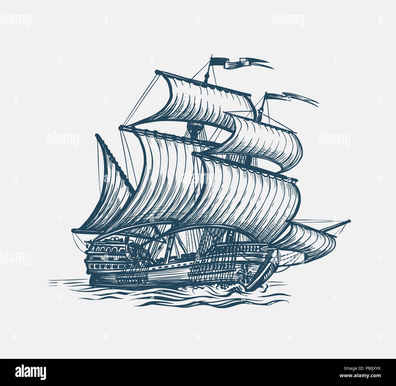 Vintage velero. Velero con la Marina, el concepto. Boceto ilustración vectorial Ilustración del Vector