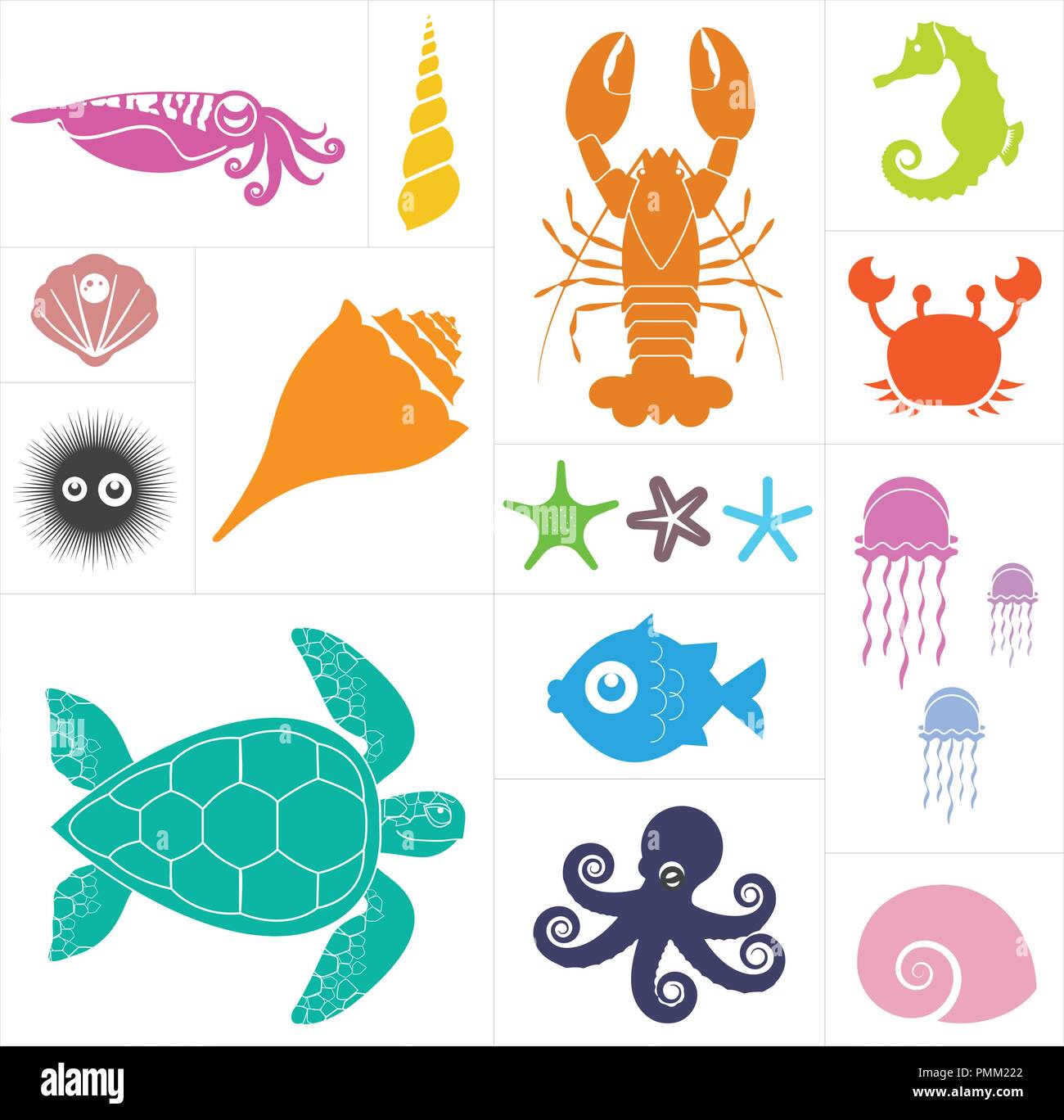 Set de vectores que representan diversos animales marinos. Cute ilustración decorativa abstracta. Elementos de diseño gráfico para impresión y web. Ilustración del Vector