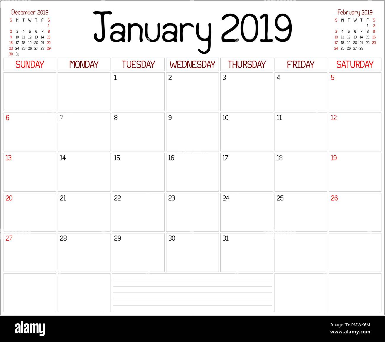 Un planificador mensual del calendario para enero 2019 en blanco. Un estilo  personalizado se utiliza manuscrita Imagen Vector de stock - Alamy