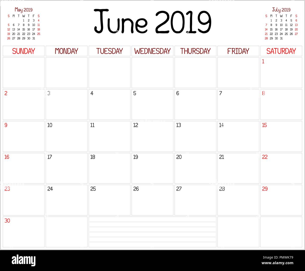 Un planificador mensual calendario para junio de 2019 en blanco. Un estilo  personalizado se utiliza manuscrita Imagen Vector de stock - Alamy