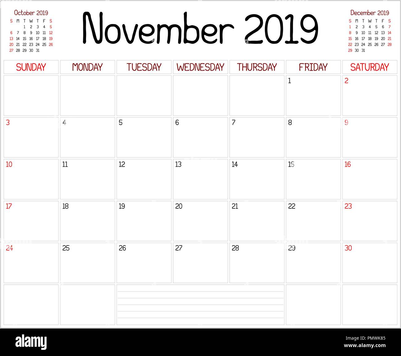 Un planificador mensual calendario para noviembre de 2019 en blanco. Un  estilo personalizado se utiliza manuscrita Imagen Vector de stock - Alamy