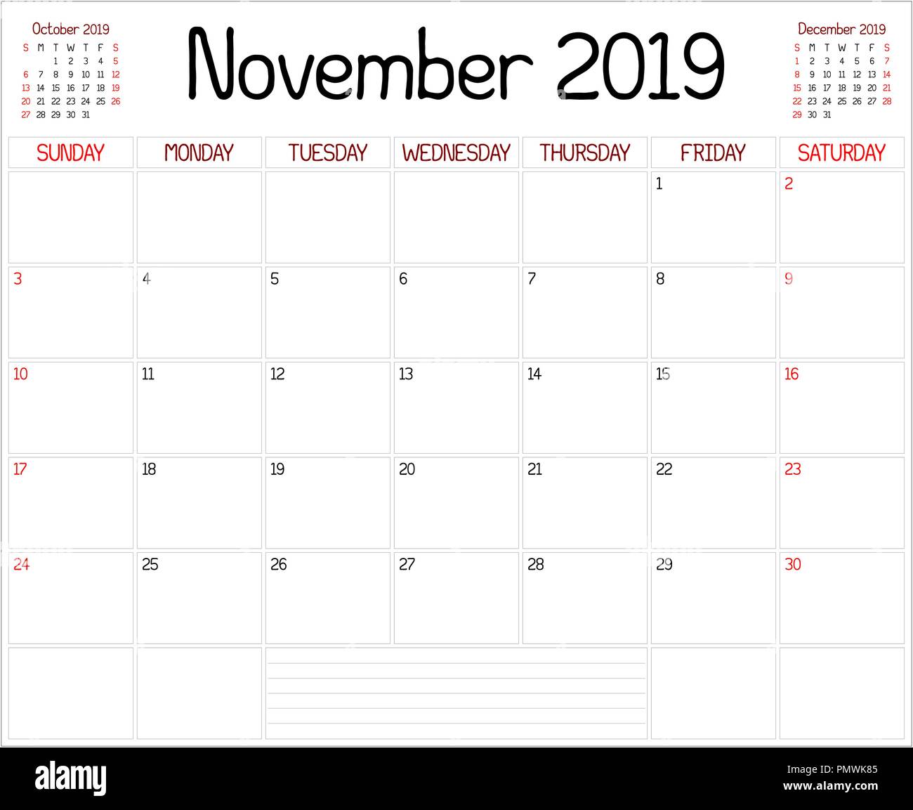Un Planificador Mensual Calendario Para Noviembre De 2019 En Blanco Un Estilo Personalizado Se Utiliza Manuscrita Imagen Vector De Stock Alamy calendario mensual personalizado