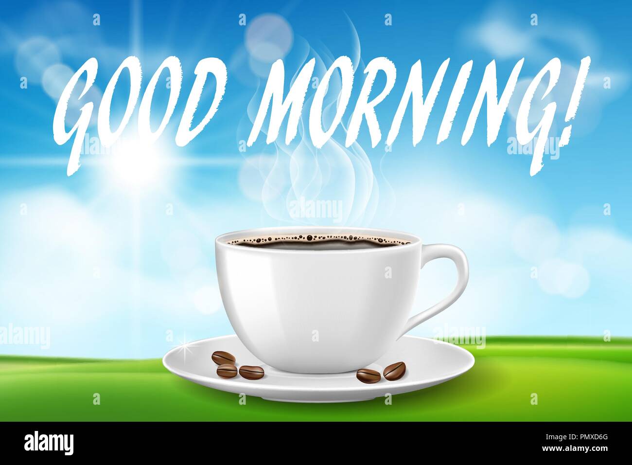 Buenos días hermoso día con taza de café. Mañana soleada con bebida caliente sobre el pasto verde sobre fondo de cielo azul. ilustración vectorial Ilustración del Vector