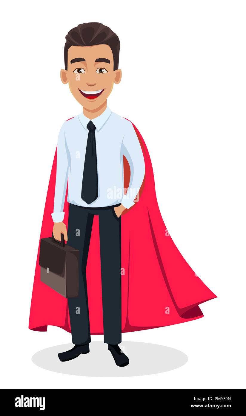 Hombre de negocios personaje de caricatura vestidos de rojo cape como  superhéroe y sosteniendo el maletín. Sonriente joven apuesto hombre de  negocios de ropa de estilo Office - Alm Imagen Vector de