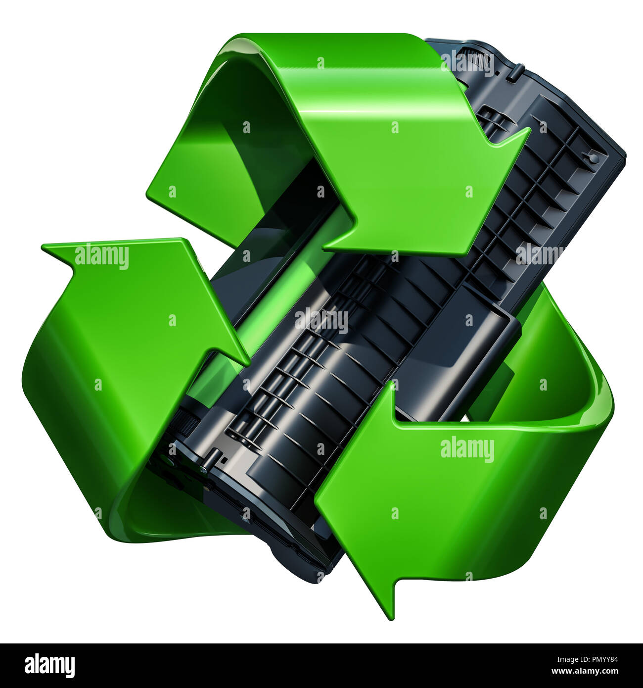 Verde símbolo de reciclado con cartucho de tóner, 3D rendering aislado  sobre fondo blanco Fotografía de stock - Alamy