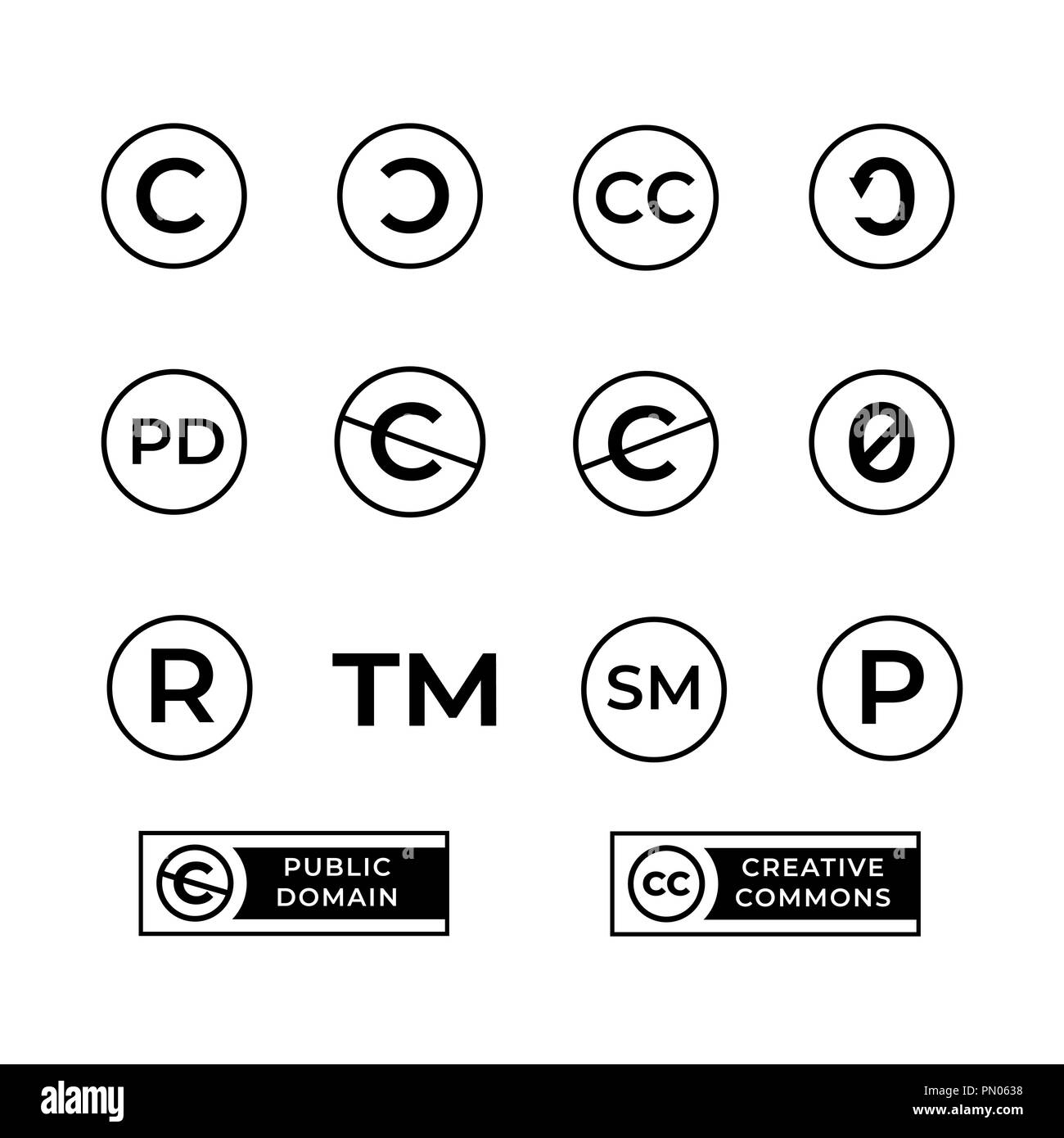 Los diferentes iconos de copyright con creative commons y signos de dominio público Ilustración del Vector