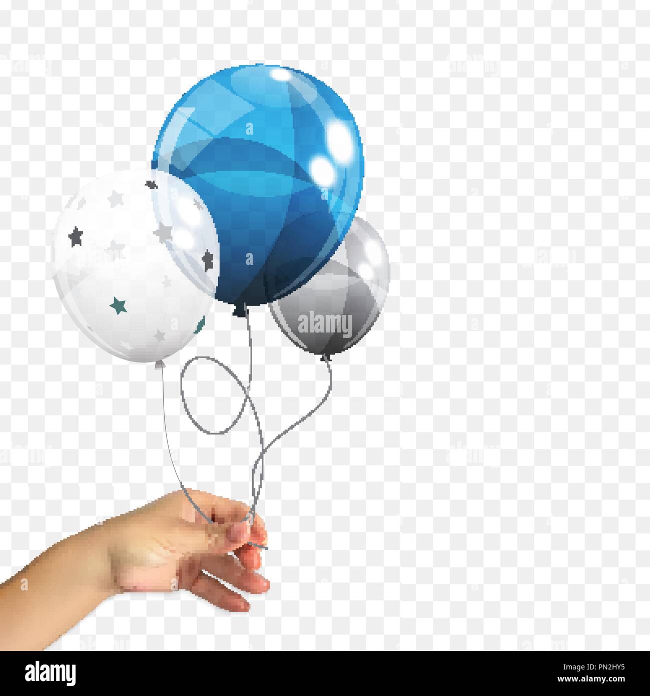 3D realista naturalista de la mano de un hombre sosteniendo un grupo de  globos de helio brillante Color de fondo Transperent aislados. Conjunto de  plata, azul, blanco con Confetti globos para cumpleaños,