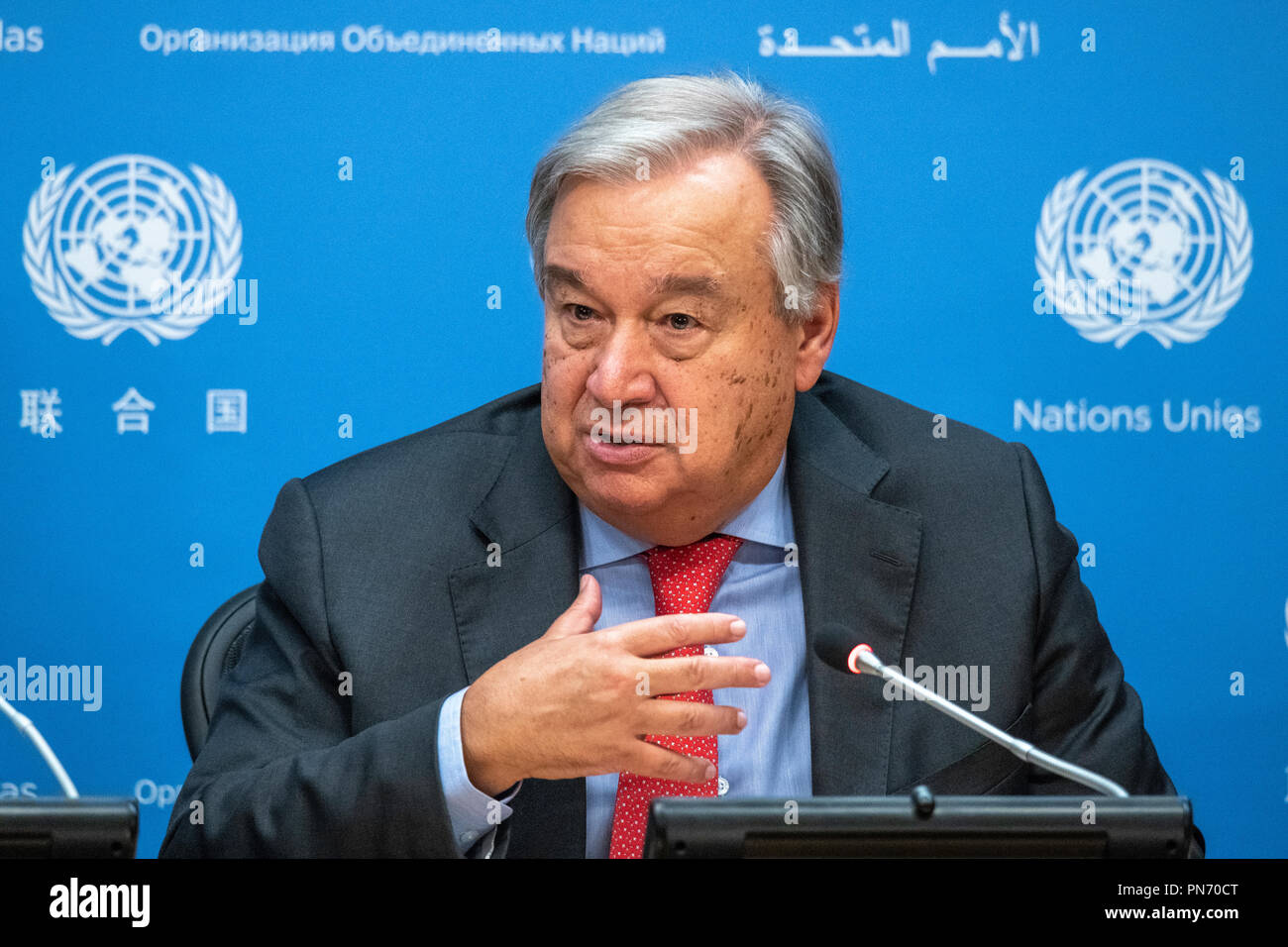 Nueva York, Estados Unidos, 20 de septiembre de 2018. El Secretario General de las Naciones Unidas, António Guterres, durante una conferencia de prensa antes de la 73ª Asamblea General de la ONU. Guterres dijo que 128 Jefes de Estado se espera que asistan a la reunión de la próxima semana en Nueva York. Foto por Enrique Shore Crédito: Enrique Shore/Alamy Live News Foto de stock