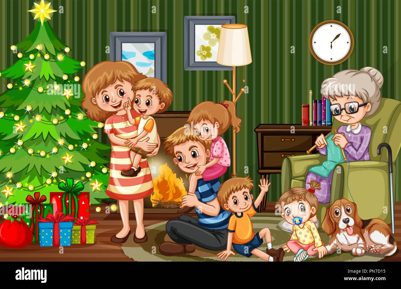 Gran Familia celebrando la Navidad ilustración Imagen Vector de stock