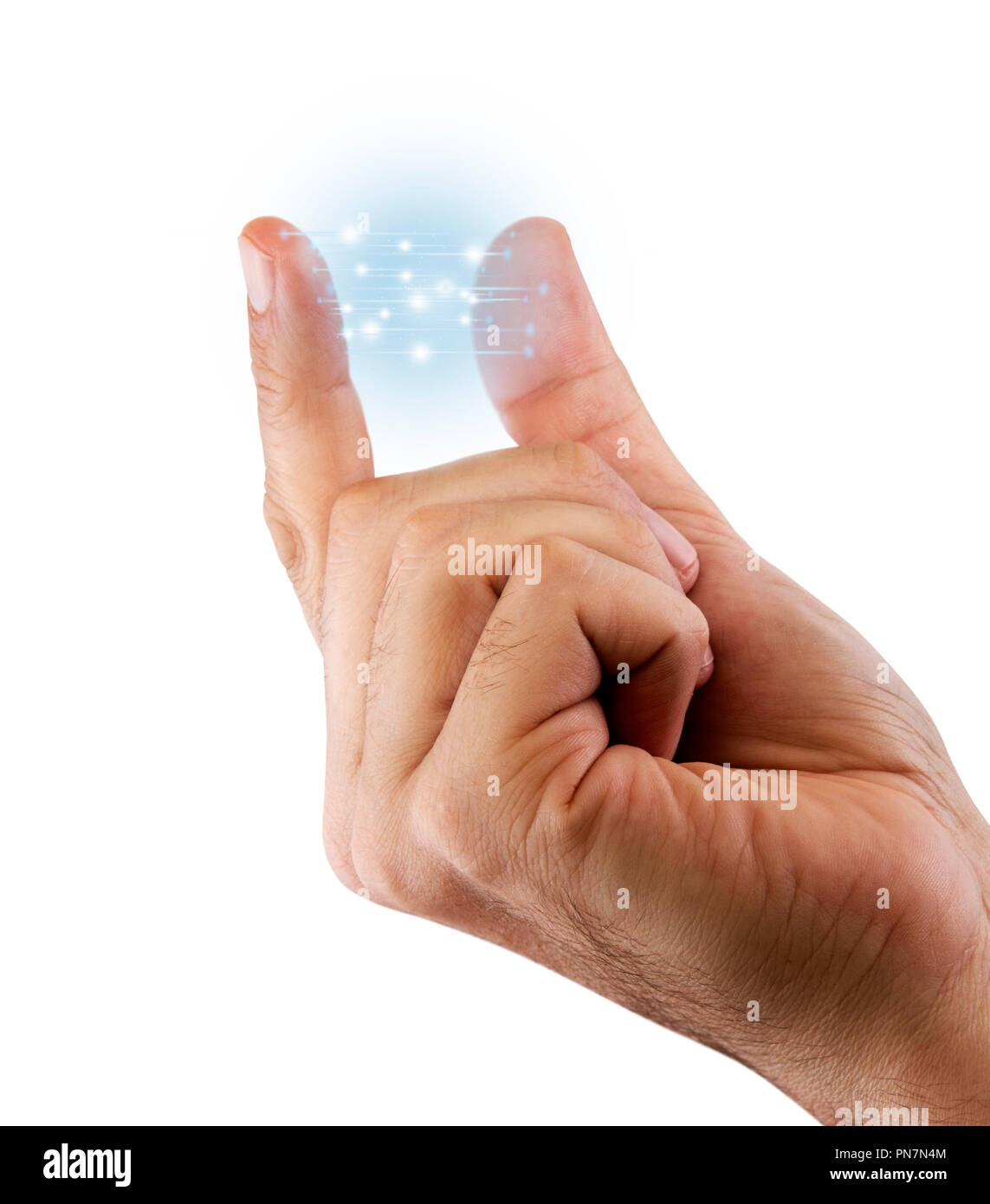 Un primer plano de una mano con el dedo índice y el pulgar creando una chispa entre tecnológico en inteligencia artificial - 3D Render Foto de stock