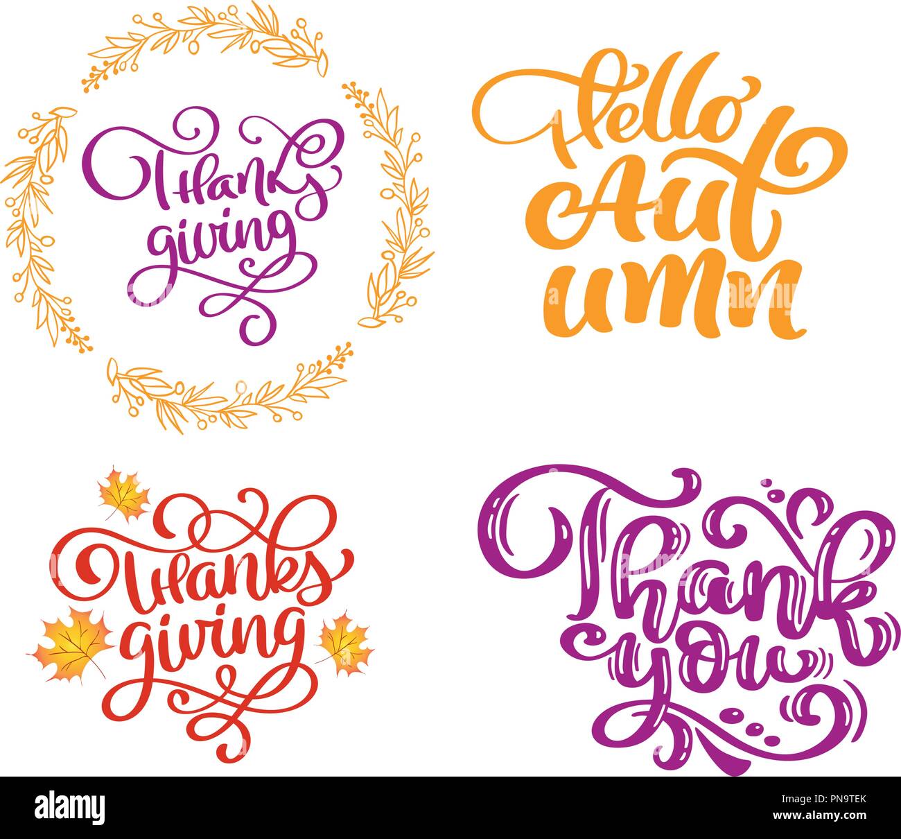 Conjunto de caligrafía frases Otoño Hola, gracias por el Día de Acción de  Gracias. Vacaciones familia cotizaciones positivas letras. Tarjeta postal o  cartel diseño gráfico tipografía elemento. Vector escritos a mano Imagen