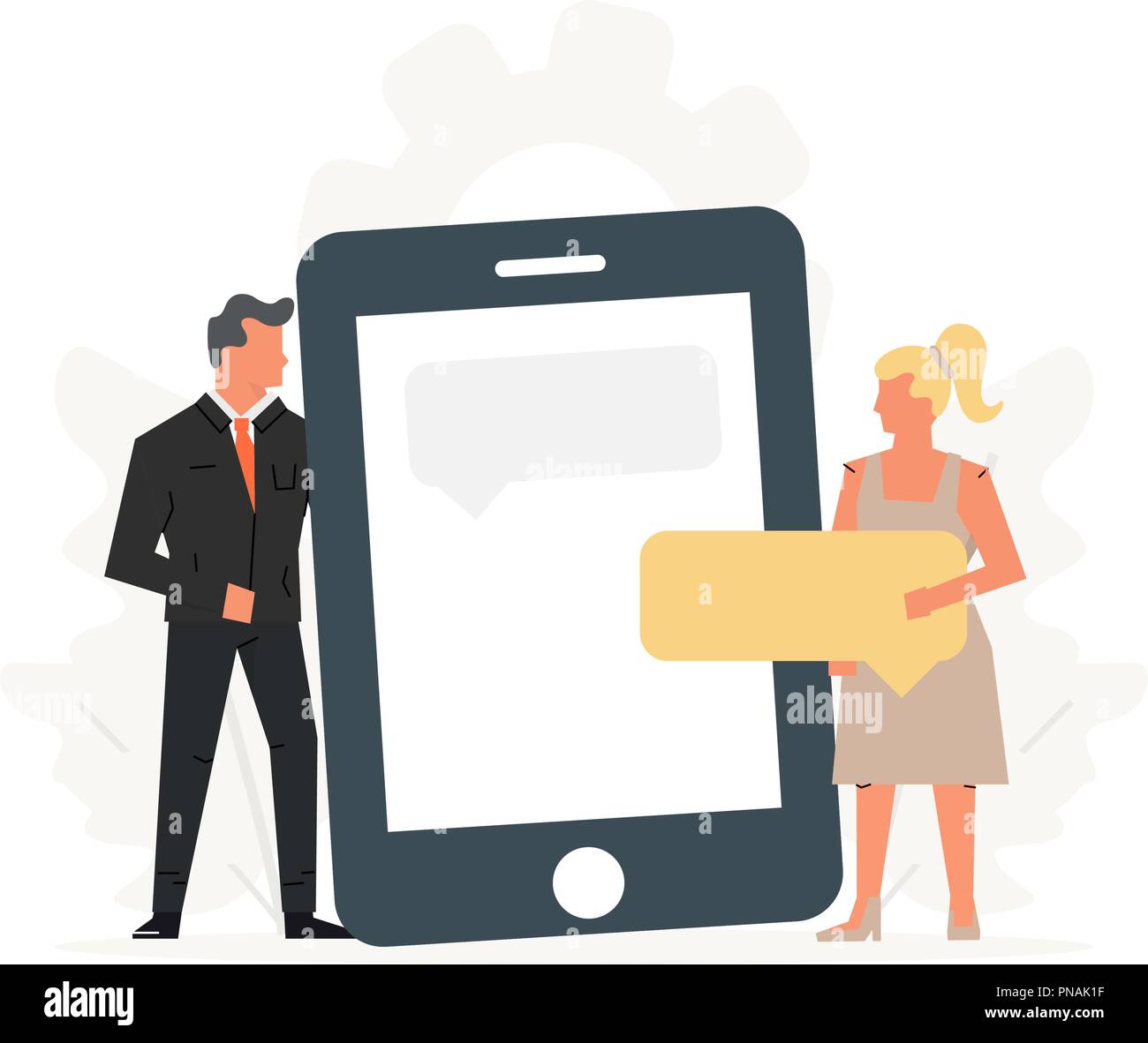 Las personas tienen un gran teléfono. Concepto de reunión de negocios, las relaciones virtuales, la datación en línea, redes sociales y chat móvil. Ilustración del Vector
