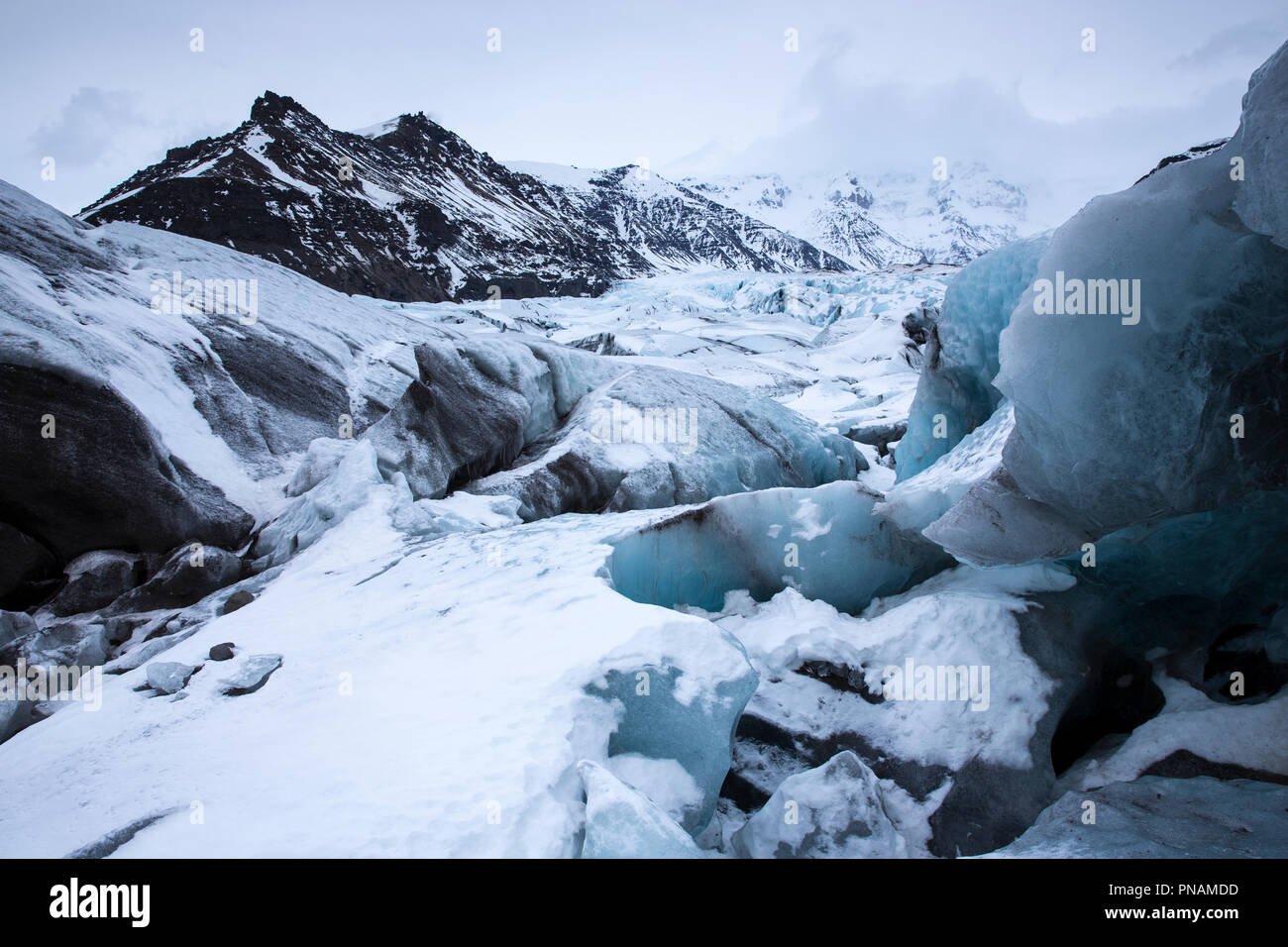 Cerrar mostrando capas de bloques de hielo de los glaciares de la lengua glaciar Svinafellsjokull una salida del glaciar Vatnajokull, en el sur de Islandia Foto de stock
