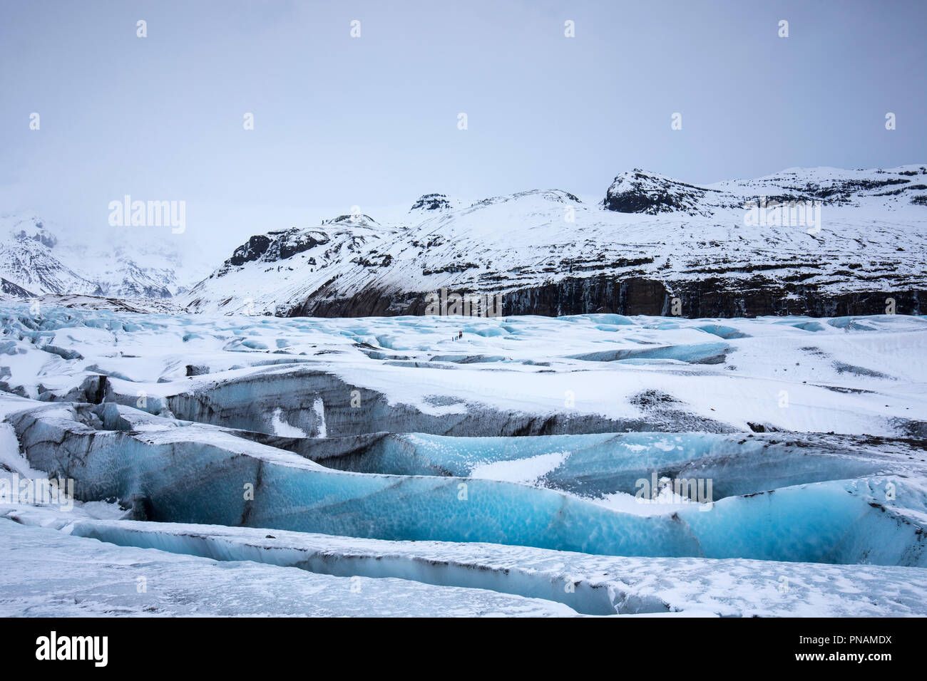 Cerrar las capas de bloques de hielo y la grieta de la lengua glacial de Svinafellsjokull, una salida del glaciar Vatnajokull, en el sur de Islandia Foto de stock