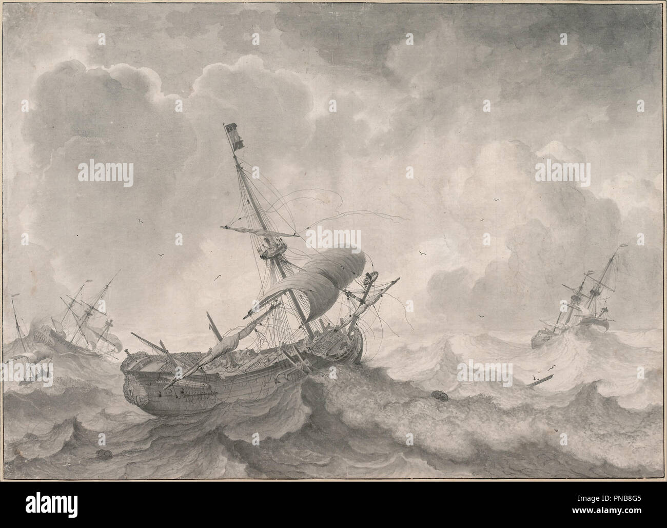 Los barcos en un mar tempestuoso, 1698. Fecha/período: 1698. Pincel y tinta gris, lavado. Autor: Ludolf Bakhuizen. Ludolf Backhuysen. Foto de stock