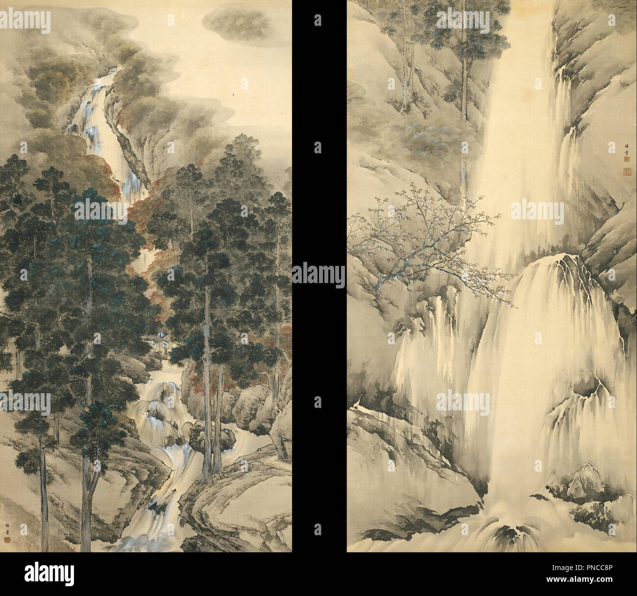 Cascada en primavera y otoño. Fecha/período: 1893. Pintura japonesa. En seda de color / par de colgantes se desplaza. Altura: 1.227 mm (48.30 dólares); anchura: 650 mm (25.59"). Autor: KISHI CHIKUDO. Chikudo, Kishi. Foto de stock
