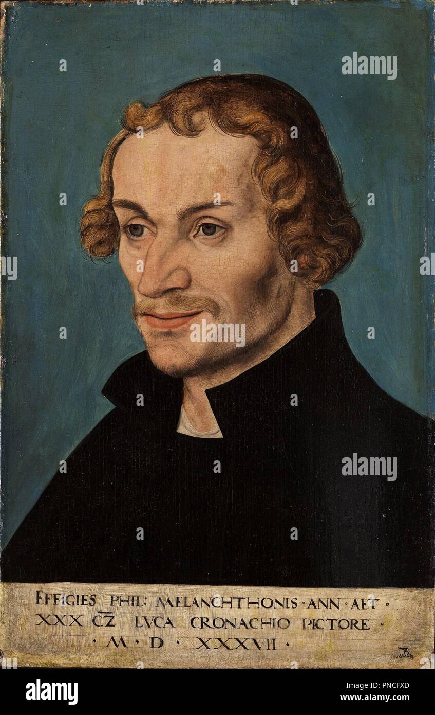Retrato de Philipp Melanchthon. Fecha/período: 1537. Oleo sobre madera de haya. Altura: 35,9 cm (14,1"); ancho: 23,3 cm (9,1 pulg.). Autor: Cranach, Lucas. Foto de stock