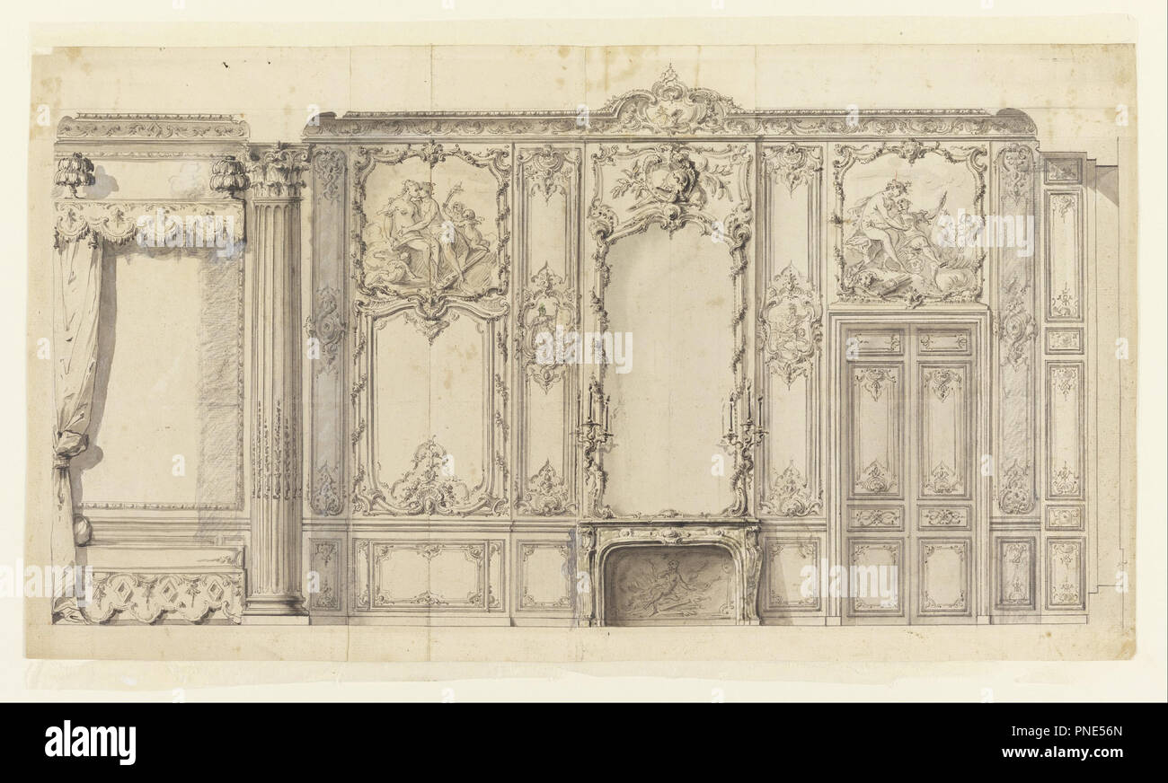 Elevación de la pared de la habitación del Príncipe de Rohan, el Hôtel de Soubise, en París. Fecha/período: 1735-36. Dibujo. Lápiz y tinta negra y gris, gris y cepillo de lavado, gouache sobre el grafito, en tres se unió a hojas de papel blanco establecido, incisión para transferir a la placa de grabado. Altura: 291 mm (11,45); anchura: 524 mm (20,62). Autor: GERMAIN BOFFRAND. Foto de stock