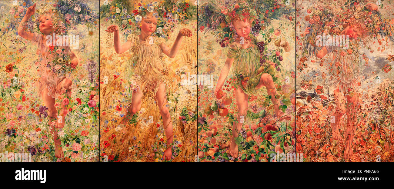 Lienzo de aceite pintadas por León Frederic de Primavera, Verano, Otoño e Invierno Durante el período 1893-1894. Las cuatro estaciones están representados por un niño rodean Foto de stock