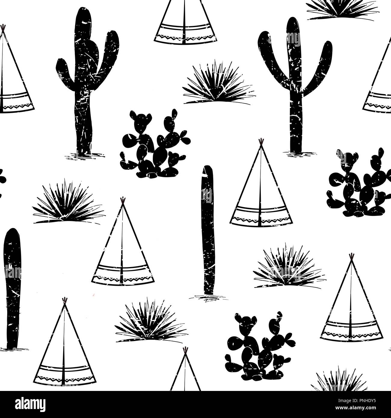 Antecedentes tribales. Simple flat wigwam, cactus y hierba. Trama perfecta paisaje. Diseño minimalista. Cartoon ilustración, vector, un negro Ilustración del Vector