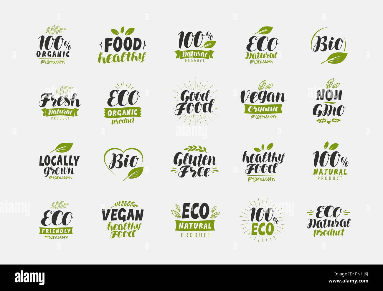 Conjunto de alimentos orgánicos eco amigable y etiquetas. Vegan, ecología iconos. Vector Ilustración del Vector