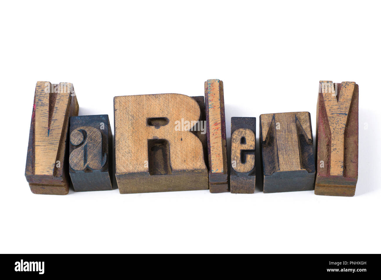Variedad palabra hecha de madera dispersa tipografía aislado en blanco Foto de stock