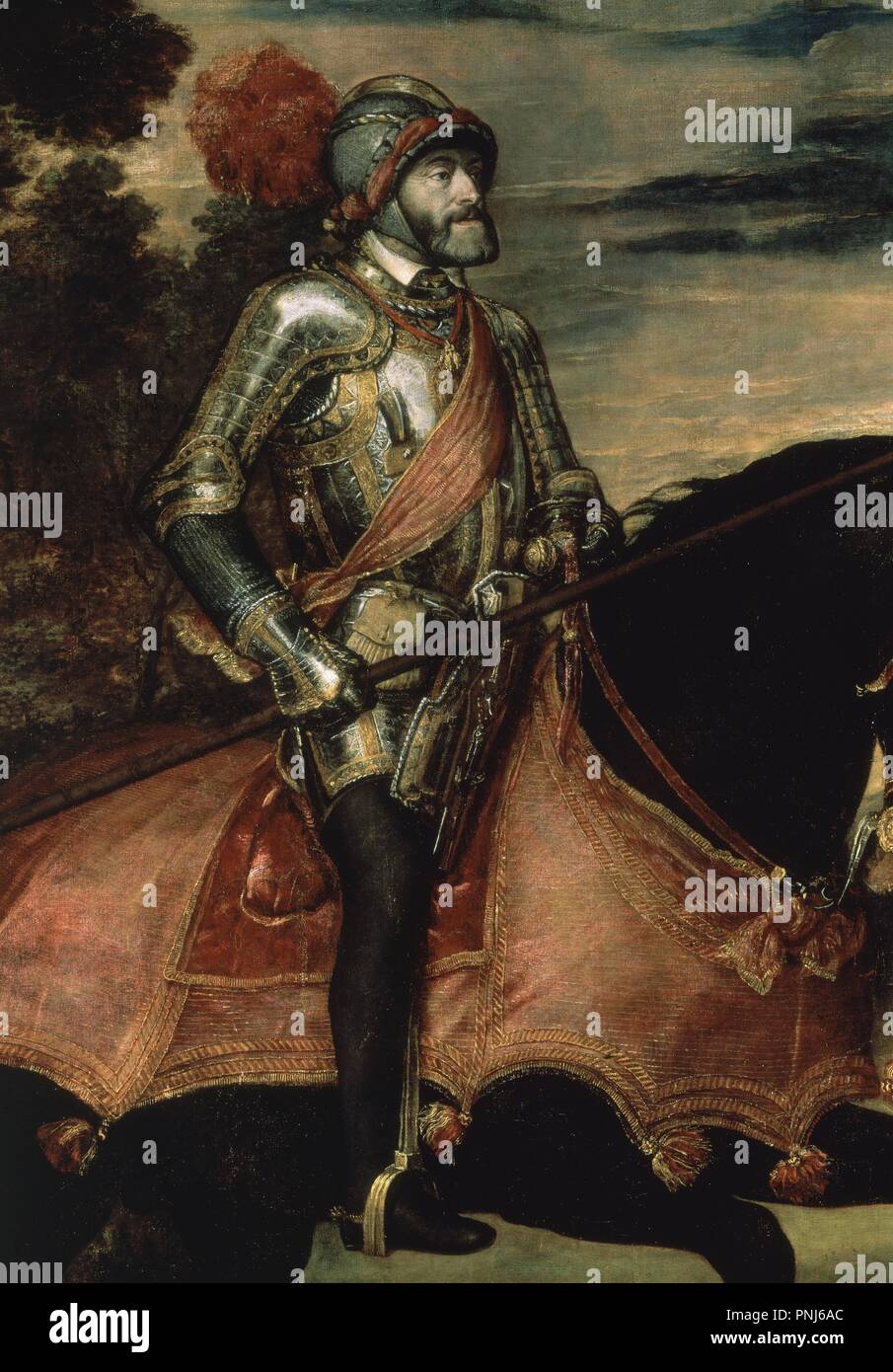 "El emperador Carlos V a caballo" (detalle), 1548, la escuela de italiano, óleo sobre lienzo, P00410. Autor: Tiziano. Ubicación: MUSEO DEL PRADO-PINTURA. MADRID. España. Foto de stock