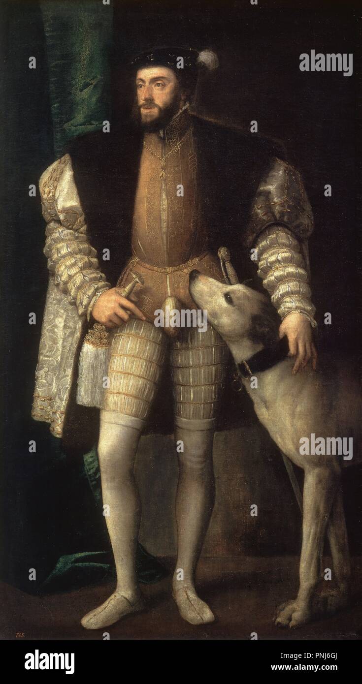"Carlos V con un sabueso", 1533, escuela de italiano, óleo sobre lienzo, 194 cm x 112,7 cm, P00409. Autor: Tiziano. Ubicación: MUSEO DEL PRADO-PINTURA. MADRID. España. Foto de stock