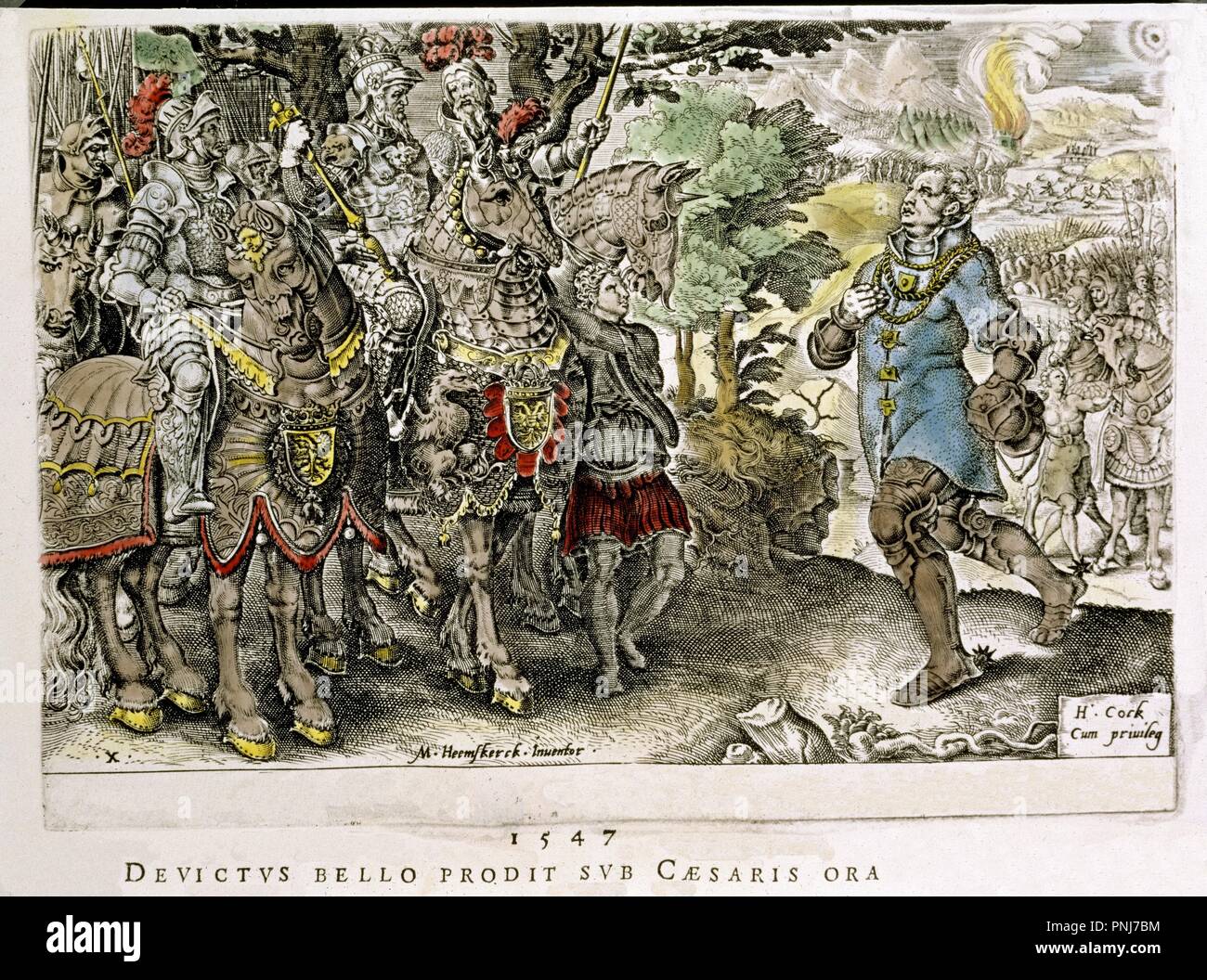 VICTORIAS DE CARLOS V - EL DUQUE DE SAJONIA DERROTADO Y PRESO TRAS LA BATALLA DE MUHLBERG - 1547. Autor: Martin van Heemskerck,. Ubicación: BIBLIOTECA NACIONAL DE COLECCION. MADRID. España. Foto de stock