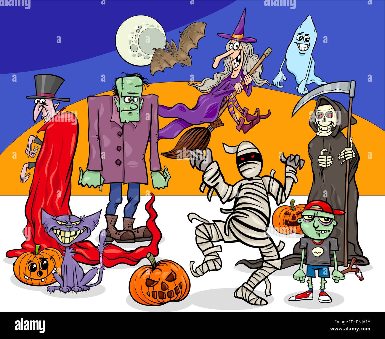 Ilustración de dibujos animados de fiesta de Halloween Monstruos y  criaturas Group Imagen Vector de stock - Alamy