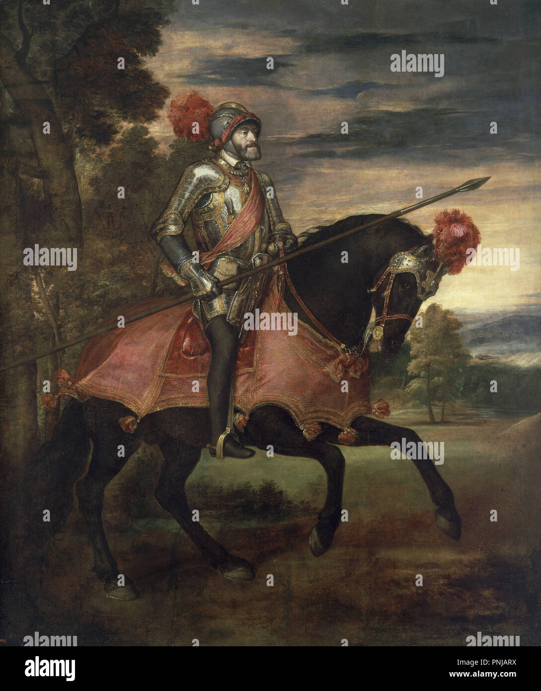 "El emperador Carlos V a caballo", 1548, escuela de italiano, óleo sobre lienzo, 335 cm x 283 cm, P00410. Autor: Tiziano. Ubicación: MUSEO DEL PRADO-PINTURA. MADRID. España. Foto de stock