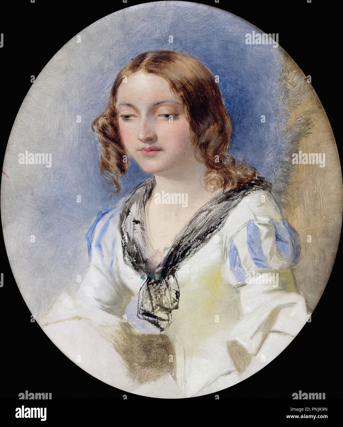 William Powell Frith - Estudio de una niña de longitud media en un vestido blanco con rayas azules mangas y una bufanda de encaje negro Foto de stock