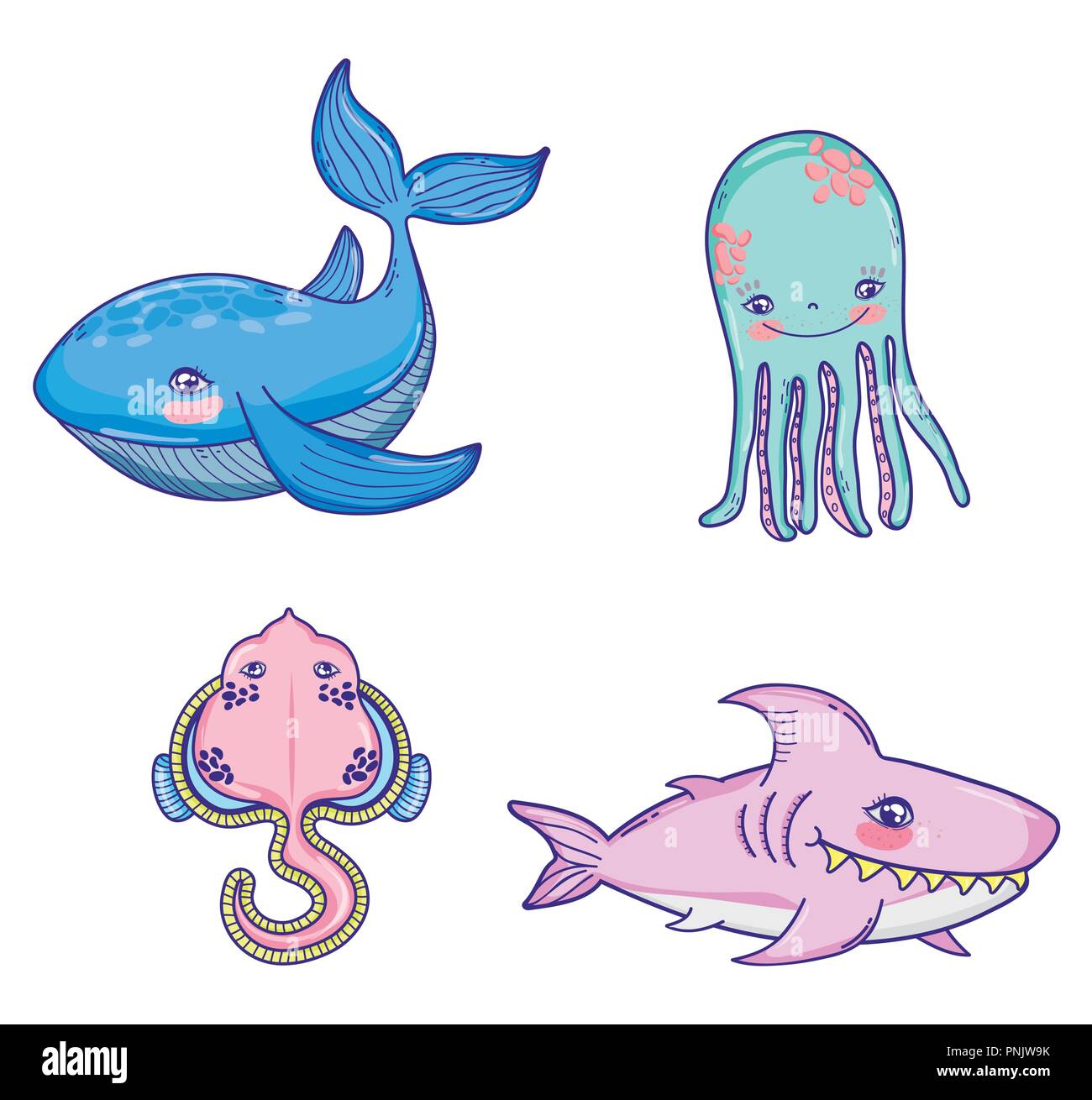 Conjunto de animales marinos dibujos animados Imagen Vector de stock - Alamy